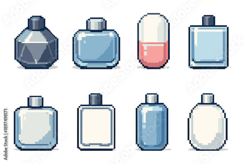 Pixel art perfume bottles and capsule on metal background