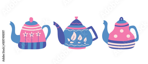 Set multicolored teapots. Tea time. Hot, healthy, warming drink in brightly colored teapot. Hand-drawn. Cartoon ceramic kettle.
