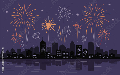 Vibrant fireworks, illuminate a city skyline reflecting on the water at night