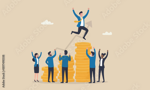 Pay raise salary earning rising up, career development or wealth management concept, happy businessman jumping on rising money coin stack