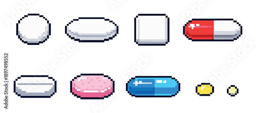 Collection of pixel art pills on gray background