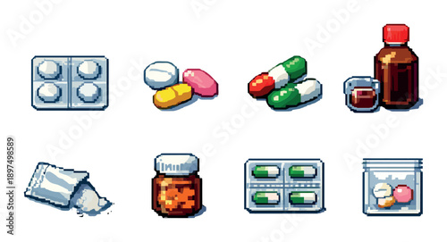 Variety of medications including pills, capsules, liquid, and powder in different packaging