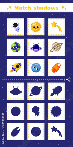 Educational game for kids. Match shadows: space.Astronomy thematic. Preschool educational activity worksheet.Illustration for kids books and workbooks. Logical quest for children. Vector illustration.