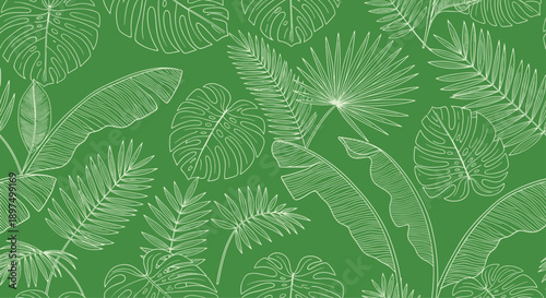 Vibrant green background with a seamless pattern of white line art depicting diverse tropical foliage and palm tree leaves.