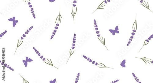Elegant seamless pattern of lavender sprigs and purple butterflies softly scattered over a white background for a fresh feel.