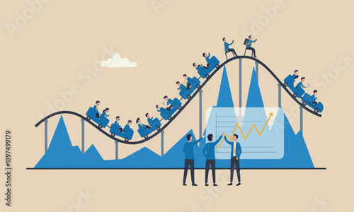 Investment,Investment fluctuation rising pillars falling down concept, people investors riding roller coaster fluctuated market chart