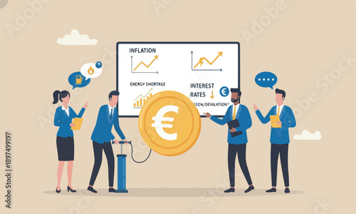 Inflation in, teams together bank interest rate policy to reduce inflation, Euro recession or money devaluation concept, businessman inflate air pump into floating Euro money coin
