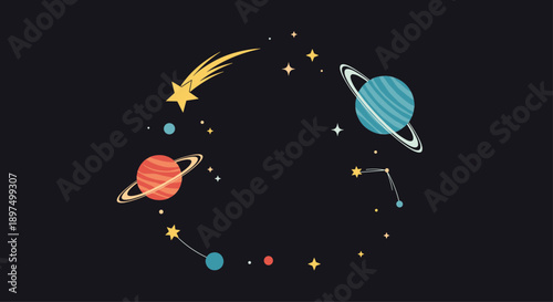 Dark space themed circular frame featuring various colorful planets, Saturn with rings, stars, and a shooting star comet against a black void.