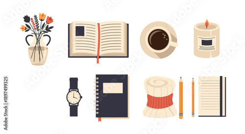 Top down view of personal items including an open book, notebook, vase of flowers, coffee cup, candle, watch, and pencils for home office decor.