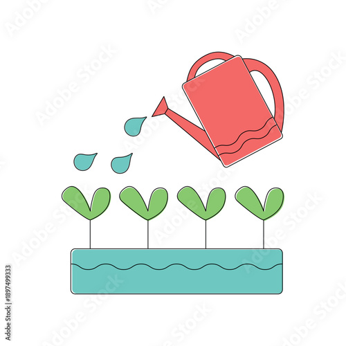 Watering can waters plants. Green sprouts in a box. Hand-drawn illustration. Doodle drawings. Floristry and gardening. Gardening.