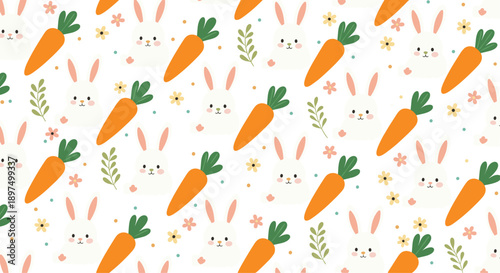 Adorable nursery pattern with white rabbits, orange carrots, and small colorful flowers and dots in a seamless repeat design for baby textiles.