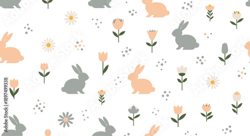Minimalist seamless pattern featuring peach and grey rabbit silhouettes surrounded by simple flowers and dots on a clean white background design.