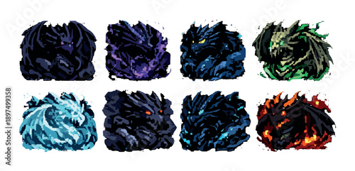 Pixel art fantasy dragons: eight elemental varieties in vibrant colors