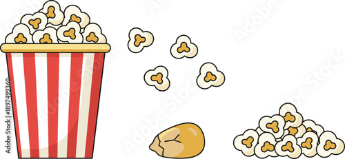 Popcorn Bucket with Scattered Kernels and Popped Corn Isolated on White Background Cinema Snack Vector Illustration