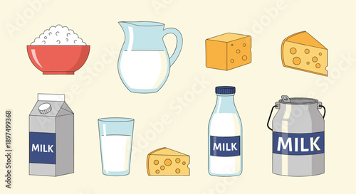 Diverse collection of dairy products including milk bottles, cartons, cheese wedges, cottage cheese, and a milk can in a flat illustration style.