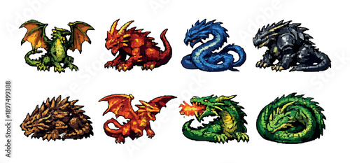 Colorful pixel art dragons variety displaying different sizes and colors