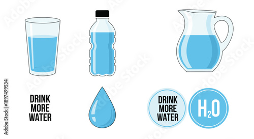 Healthy lifestyle illustration promoting water hydration through a glass, bottle, pitcher, water drop symbol, and drink more water typography.