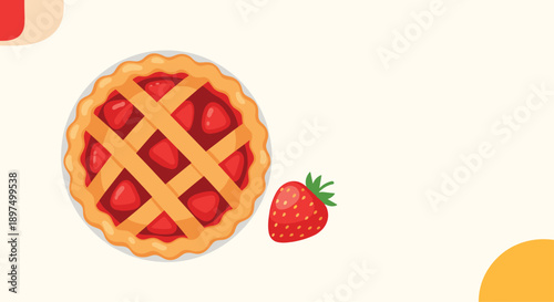 Homemade strawberry lattice pie on a white plate with a fresh ripe strawberry beside it against a minimalist cream colored background.