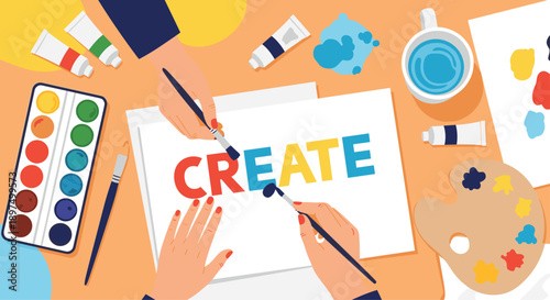 Creative painting activity with hands using watercolors and brushes to paint the word create on a white sheet surrounded by art supplies.