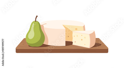 Rustic food board holding a large round cheese wheel with a slice removed alongside a fresh green pear for a sophisticated snack concept.