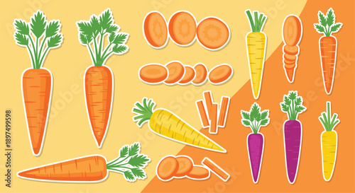 Colorful sticker set of whole and sliced carrots in orange, purple, and yellow tones with green leaves on a bright two-tone background.