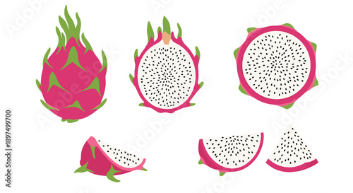 Detailed dragon fruit set including the whole exotic fruit along with halved and sliced pieces showing the distinctive black seeds inside.