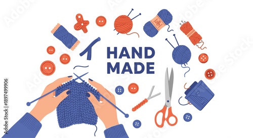 Creative hand made concept illustration with hands knitting a blue piece of clothing surrounded by yarn balls, buttons, and craft tools.