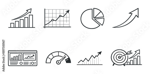 Increasing growth graph icons displaying business progress and success