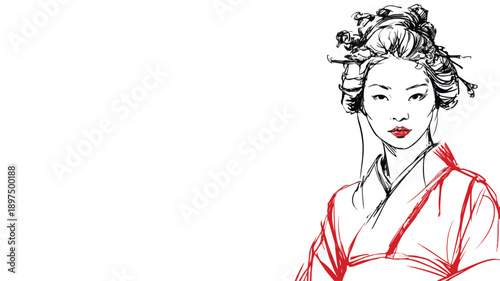 Exquisite Traditional Handdrawn Japanese Woman Kimono Sketch Vector