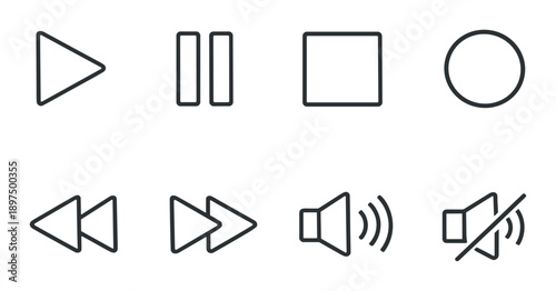 Minimalist media control icons set: play, pause, stop, record, rewind, fast forward, volume, mute
