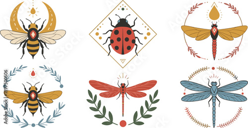 Set of vintage hand drawn insect wreaths featuring honey bee ladybug and dragonfly with botanical leaves and floral vector illustration