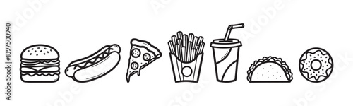 Hand drawn fast food collection featuring burger pizza hot dog fries taco and donut in black line art style