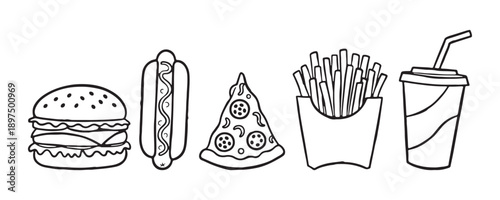 Minimalist black and white line art illustration of classic fast food items including hamburger and pepperoni pizza