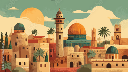 Vintage Jerusalem Israel Travel Poster Design Vector with Out