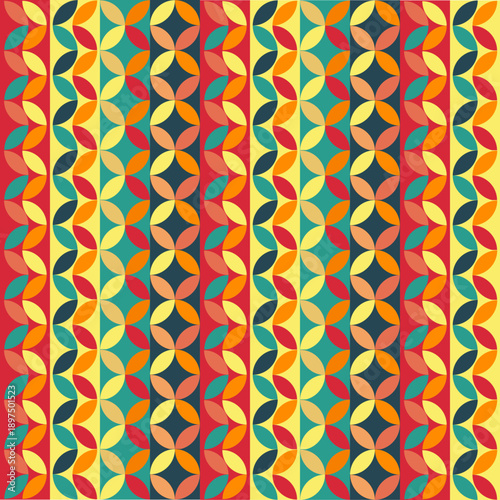 Vibrant colorful geometric pattern with repeating shapes and bold colors