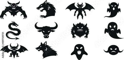 Set of Twelve Black Silhouette Vector Icons Featuring Spooky Monsters Fantasy Creatures Ghosts and Mythical Beasts for Halloween Graphic Designs