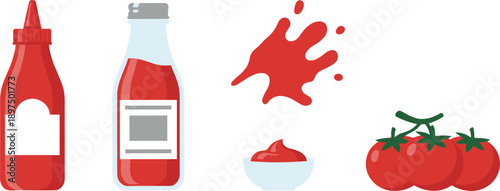 Tomato Ketchup Bottle with Splash Sauce Bowl and Fresh Tomatoes Set Isolated on White Background Flat Vector Illustration