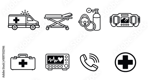 Emergency medical icons: ambulance, stretcher, equipment on dark background