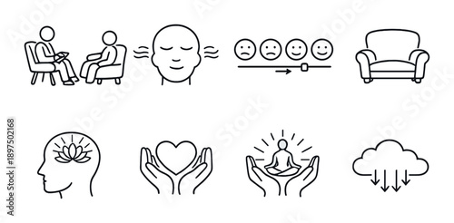 Mental health therapy and meditation icons on dark background