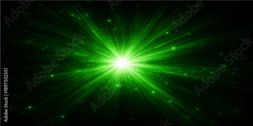 An abstract blue background features a bright star burst of glowing light and energy rays that shine like a cosmic laser explosion in the starry sky design