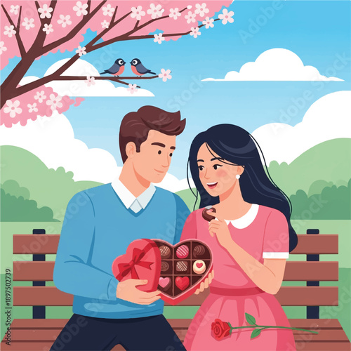 Couple Sharing Chocolate on a Bench.