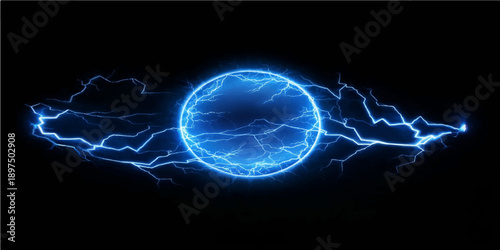 A glowing blue fractal lightning bolt flashes with electric energy and plasma motion, creating a powerful thunder storm effect on a black background design for a high-tech art illustration