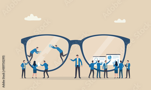 Clear, see in meeting teams together clear business outlook concept, miniature worker cleaning huge eyeglass lenses for owner to get clear vision