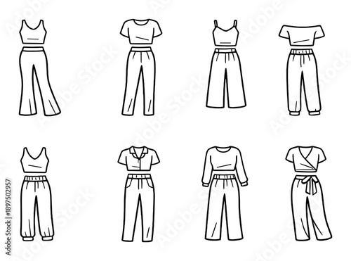 Fashion illustration of modern female outfits on dark background