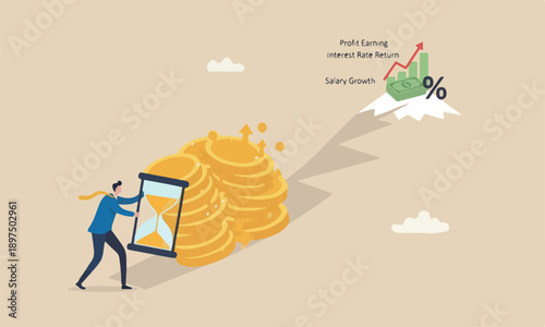 Time is money, salary growth or wage increase concept, businessman hand holding hourglass with sand falling to money