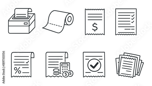 Set of black minimalist invoice and receipt icons on dark background