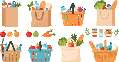 Large collection of grocery shopping bags and baskets filled with fresh vegetables fruits bread and milk isolated on white background flat vector.