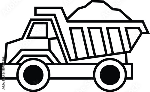 A minimalist black and white icon illustrating a robust dump truck loaded with earth material