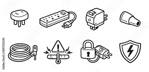 Electrical socket icons: plug, power strip, lock, warning