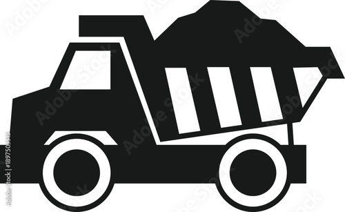 A minimalist black and white icon illustrating a robust dump truck loaded with earth material